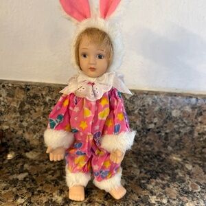 Vintage Anco 1998 Porcelain Bunny Doll With Pink Clothing With White Fur